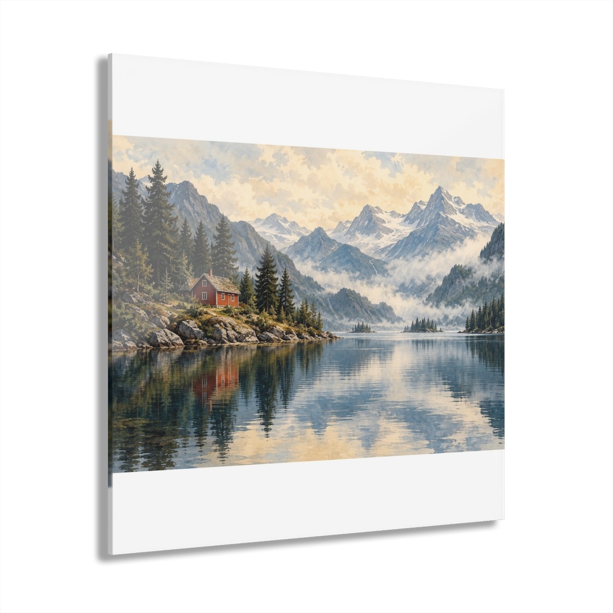 Red Cabin, Quiet Water — Acrylic print mockup