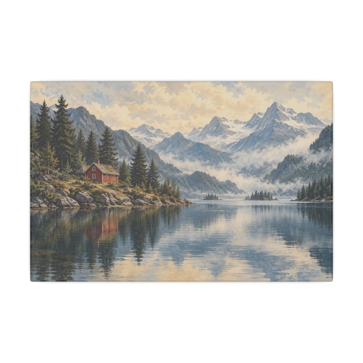 Red Cabin, Quiet Water — Canvas mockup