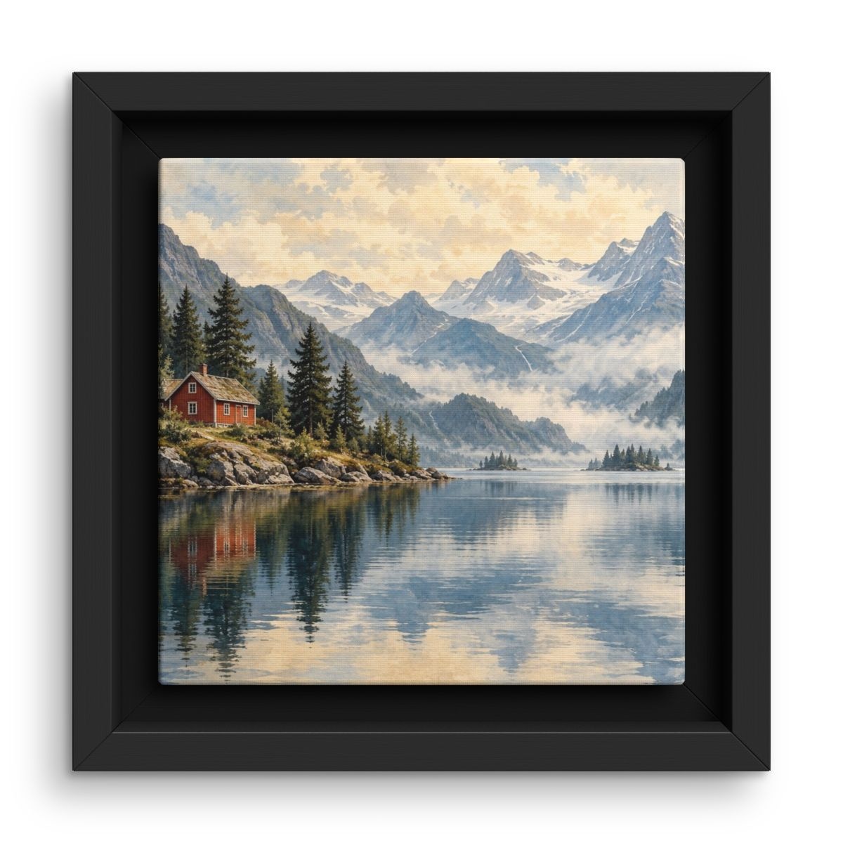 Red Cabin, Quiet Water — Framed canvas mockup