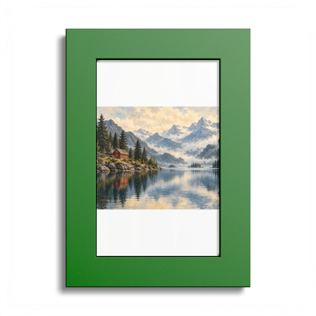 Red Cabin, Quiet Water — Framed print mockup