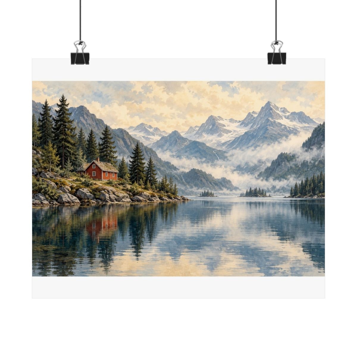 Red Cabin, Quiet Water — Art print mockup